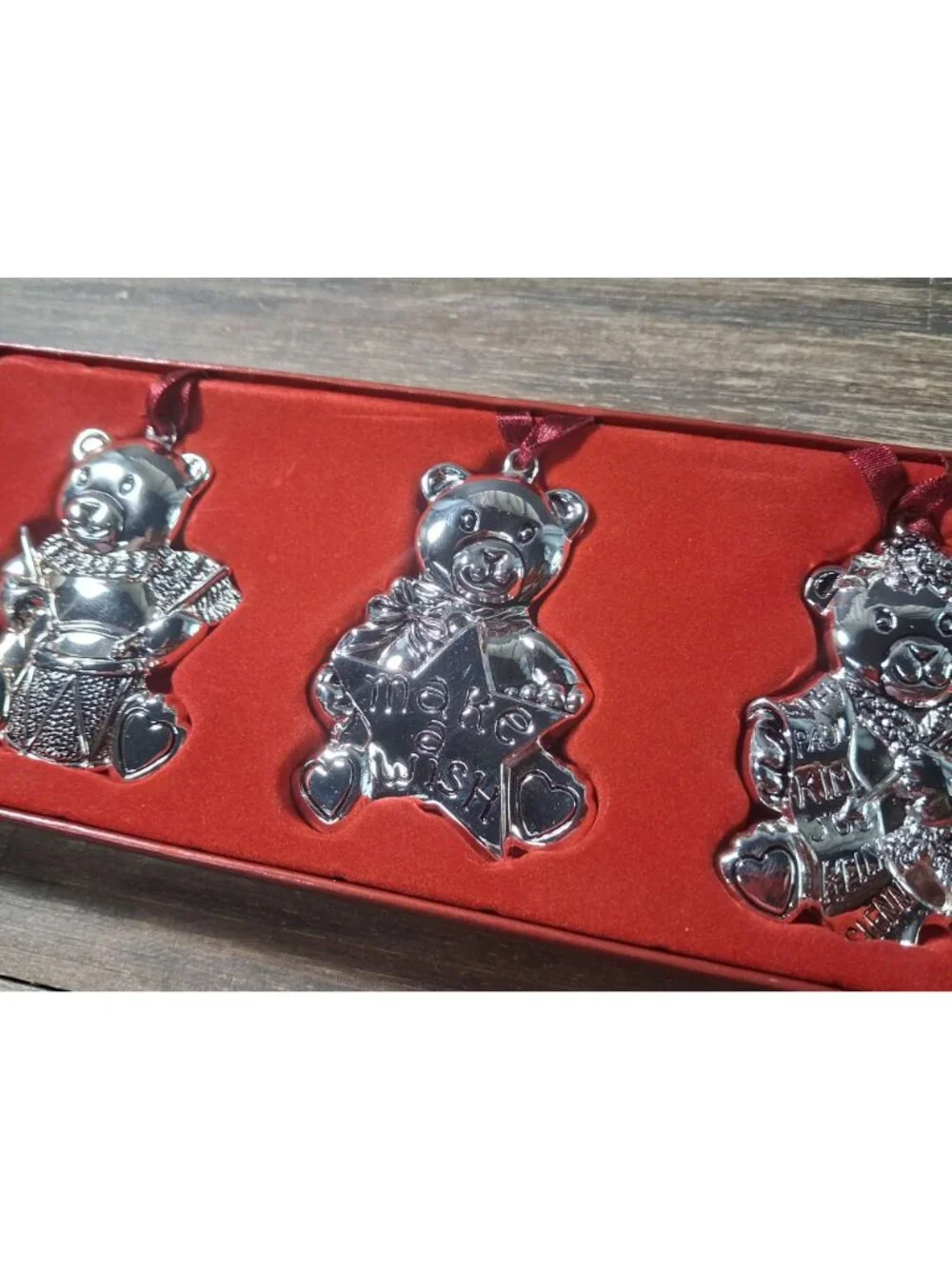Gorham Silver Plated Teddy Bear Christmas Ornies Set Drum List Make Wish